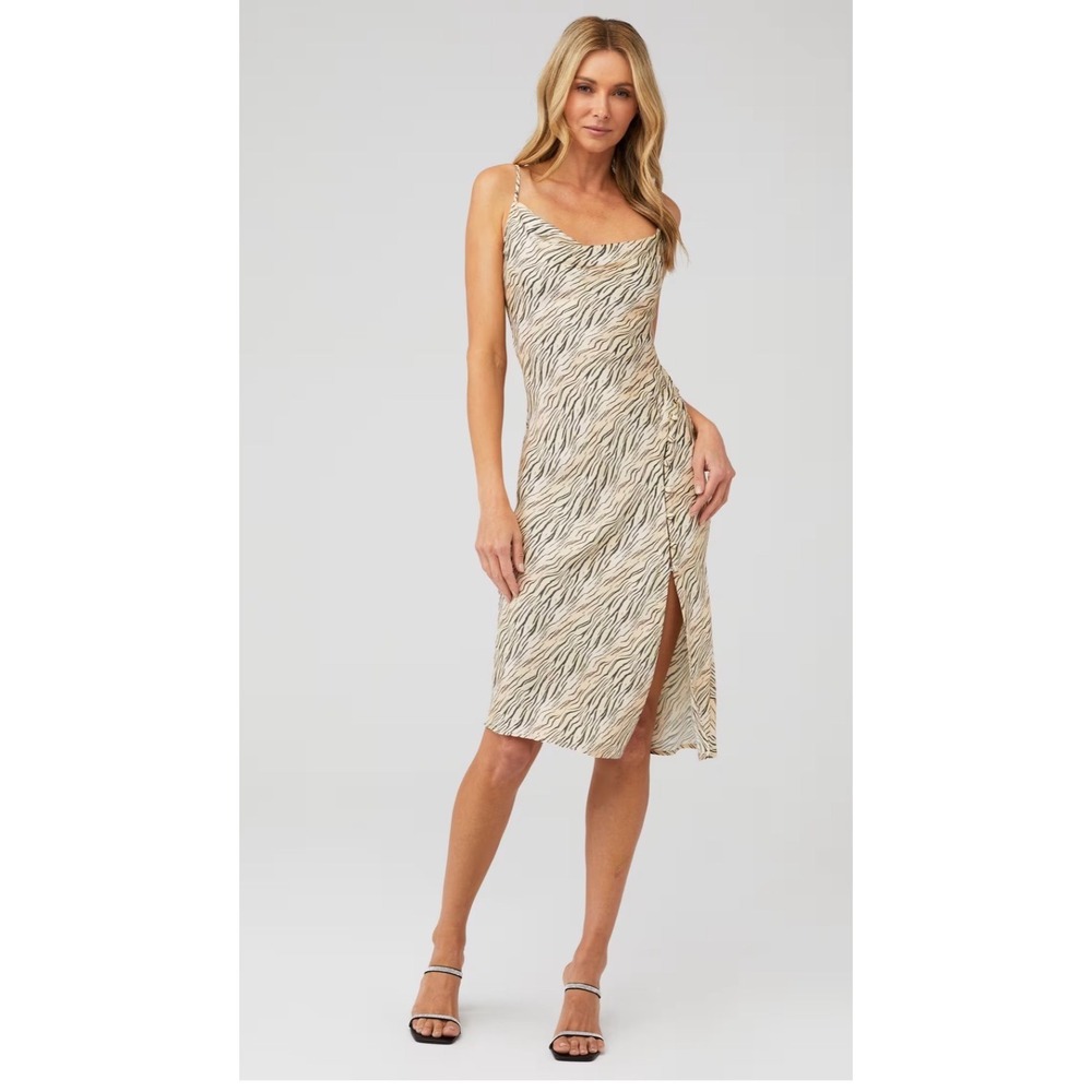 For Love & Lemons Tiger Print Cowl Neck Midi Dress Tan Black Side Slit Small